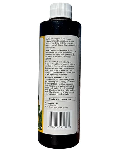 Farmer's Secret Citrus Tree Booster Fertilizer - Super Concentrated - Formulated for All Citrus Trees Including All Types of Lemons, Limes, and Oranges - Outdoor and Indoor / Container Trees (8oz)