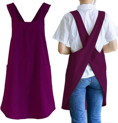 NEWGEM Japanese Linen Cross Back Cooking Aprons for Women Men with Pockets Cute for Baking Kitchen