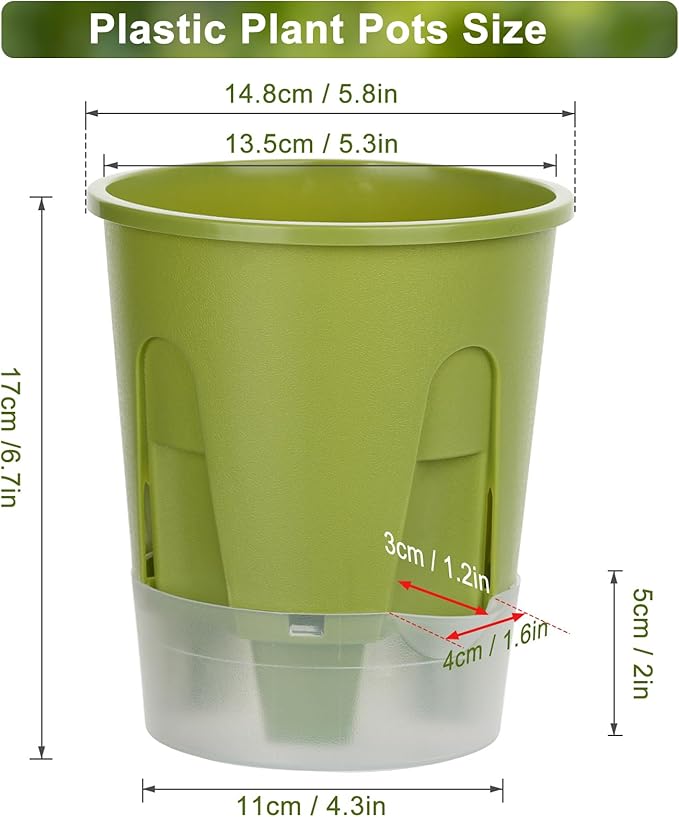 Plant Pots 6 inch Set of 5, Self Watering Pots for Indoor Outdoor, Upgraded Water Inlet Self Watering Planters Flower Pots with Drainage Hole and Clear Saucer Reservoir (Green)