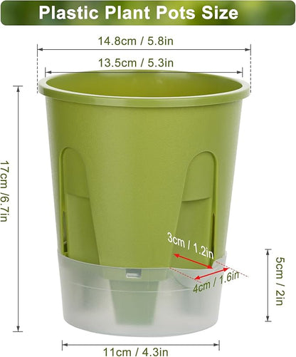 Plant Pots 6 inch Set of 5, Self Watering Pots for Indoor Outdoor, Upgraded Water Inlet Self Watering Planters Flower Pots with Drainage Hole and Clear Saucer Reservoir (Green)