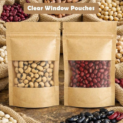 100 Pack Resealable Seed Packets with Clear Window, 4.72 x 3.15 Inch Kraft Paper Seed Packets Envelopes, Self-adhesive Sealing & Preprinted Templates for Seed Storage, Seed Organizer