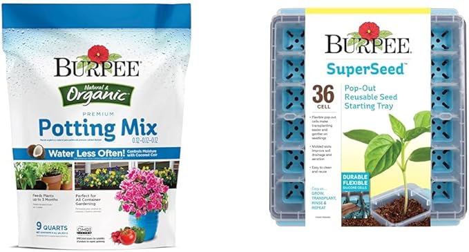 Burpee, 9 Quarts | Premium Organic Potting Natural Soil Mix Food & SuperSeed Seed Starting Tray | 36 Cell Reusable Seed Starter Tray