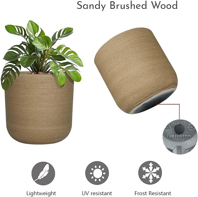 11 inch Plant Pot, Lightweight Weather & UV Resistant Plastic Plant Pot with Drainage Hole & Rubber Plug,Indoor Outdoor Pot for Palnts, Sandy Brushed Wood Texture Flower Planter for Home, Garden