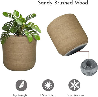 11 inch Plant Pot, Lightweight Weather & UV Resistant Plastic Plant Pot with Drainage Hole & Rubber Plug,Indoor Outdoor Pot for Palnts, Sandy Brushed Wood Texture Flower Planter for Home, Garden