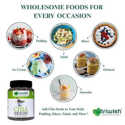 Nutriwish Raw Chia Seeds 250 g (8.8 oz) | Omega-3 Rich Superfood with Fibre, Antioxidants & Plant Protein | For Smoothies, Puddings, Baking & Healthy Vegan & Keto Diets