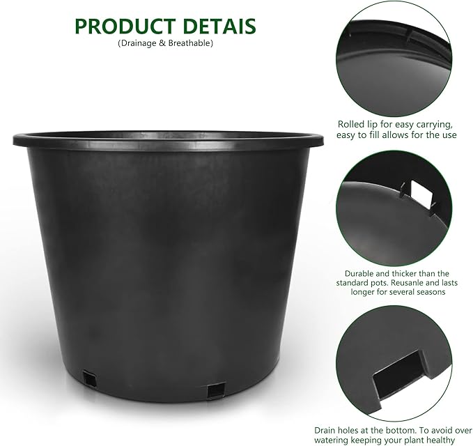 10-Pack 6.3 Gallon Round Planter Nursery Pots, Flower Plant Container Injection Molded Plastic Nursery Pots Gardening for Indoor Outdoor Vegetables, Succulents, Black