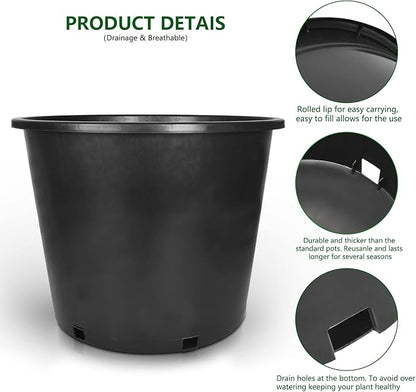 10-Pack 6.3 Gallon Round Planter Nursery Pots, Flower Plant Container Injection Molded Plastic Nursery Pots Gardening for Indoor Outdoor Vegetables, Succulents, Black
