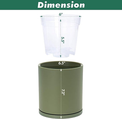 D'vine Dev Double-Layer Planter Set – Rotating Plastic Cachepot with Clear Inner Liner for Root Health, Perfect for Indoor Plants, 6.5", Olive, 73-U-C-2