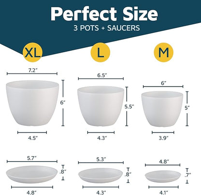 White Plant Pots with Drainage Holes & Saucers 3 Pack, Indoor & Outdoor Stackable Space-Saving Planters for Houseplants & Flowers, (7", 6.7", and 6" Inches), Durable & Weatherproof Materials