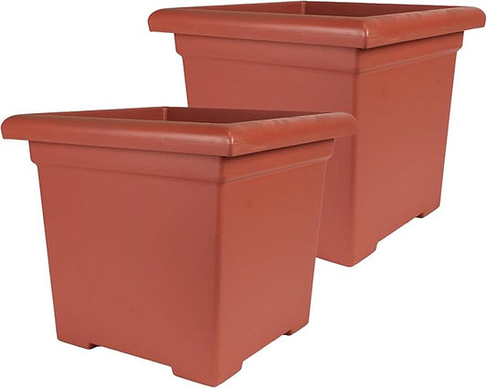 The HC Companies 12.5 Inch Accent Square Plant Pots with Drainage, Lightweight UV-Resistant Plastic Planters for Indoor & Outdoor Plants, 2-Pack Flower Pots for Garden, Office & Home Decor, Clay