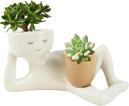 Lazy Guy Planter - Funny Smiling Face Resin Flower Pot with Double Drainage Hole, Cute Lying Down Figure Succulent & Cactus Planter, Unique Home Garden Decor Gift for Family & Friends