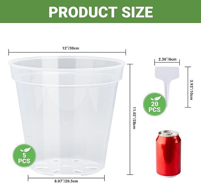 GREANER Clear Plastic Plant Pots, Plastic Planter with Drainage Holes, Nursery Pots for Indoor Outdoor with 20 Plant Labels, 12 Inch(Pack of 5)