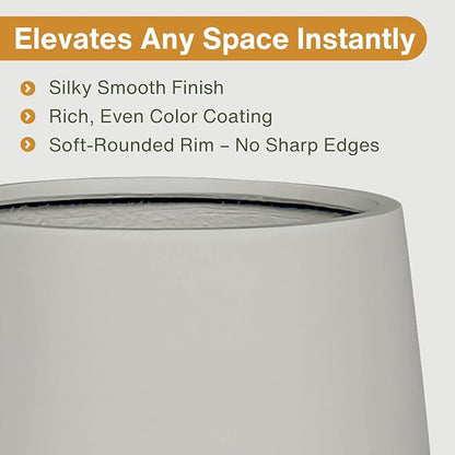16.5" H x 15" D Corso Fiberstone Round Tapered Planter with Drainage Hole, Smooth Finishes, Weather Resistant, Included 2 Extra Coco Mats (Light French Gray, 11.5" Pot Opening)