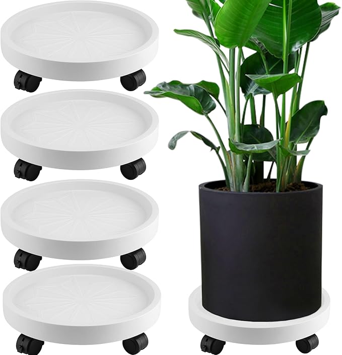 JOIKIT 4 Pack 13 Inch Round Plant Caddy with 4 Lockable Wheels, 132 Lbs Capacity Heavy Duty Rolling Plant Stand, Wheeled Planter Saucer Tray Trolley for 11.8 Inch Planter Pot Indoor Outdoor, White