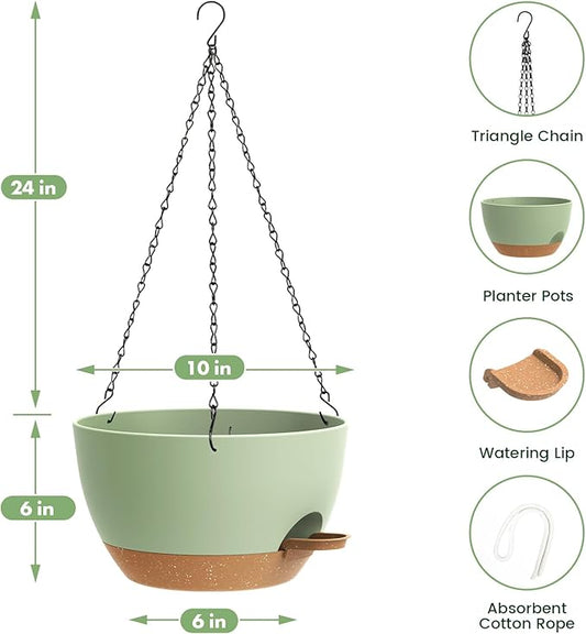 3 Pack 10 Hanging Flower Pots with Chains Self Watering Plastic Planters for Indoor Outdoor Plants, Sturdy Triangular Iron Chain Design for Garden PorchPlastic hanging flower pots (3, Green Brown)