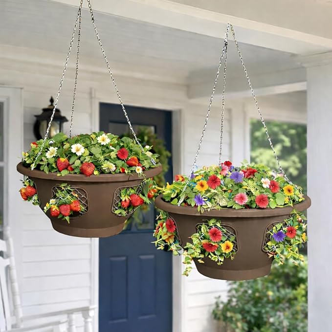 Ultimate Hanging Baskets - Strawberry, Tomato, Flower, and Herb Outdoor Planters - Use Garden Pots For Growing Plants Outside On A Deck, Fence, or Balcony (2, Mocha)