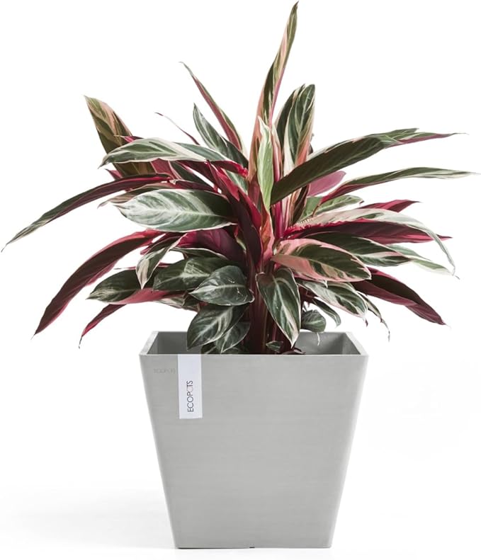 Ecopots Rotterdam Durable Modern Square Indoor/Outdoor Recycled-Based Composite Flower Planter, White Grey, 15.75"