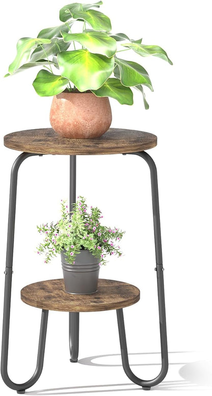 2 Tier Wood Plant Stand Indoor, Small Round Flower Pot Stand, 19.6" Tall Single Plant Holder for Living Room, Balcony, Rustic Brown End Side Table（2 packs）