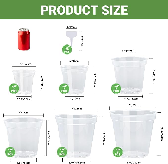 GREANER Clear Plastic Plant Pots, Orchid Pots with Holes and 20 Pcs Plant Labels, 5/6/7/8/9/10 Inch(Pack of 15)