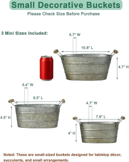 vensovo Galvanized Metal Oval Planter Buckets with Handles – Set of 3 Rustic Farmhouse Flower Tubs with Drain Holes & Plugs, Vintage Small Pots for Herbs, Succulents, Wedding or Tabletop Decor