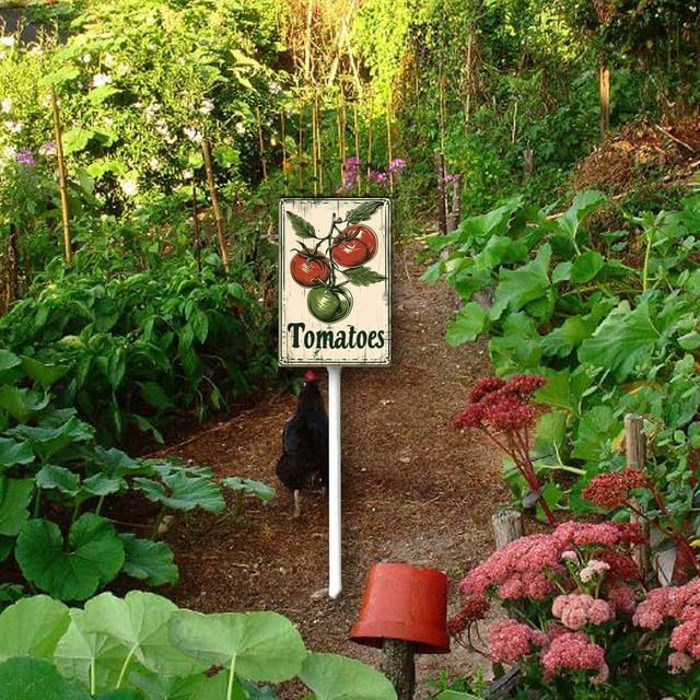 Uptell Vintage Vegetable Signs for Garden with Stake Tomatoes Yard Sign Vegetable Garden Label Stakes Plant Markers for Outdoor Plants Waterproof 8.8x7inch