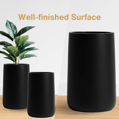 23.1" H x 14.7" D Tall Conico Fiberstone Planter, Drainage Hole for Indoor and Outdoor Use, 5 Year Guarantee, Included 2 Extra Coco Mats (Black Color, 23.1" Pot Opening)