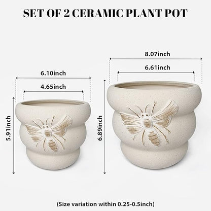 Terracotta Pots with Drainage Holes Bee Decor, Ceramic Pots for Indoor Plants Flower Pots Outdoor, Succulent, Herbs, Snake Plants (Beige, 8+6 Inch)
