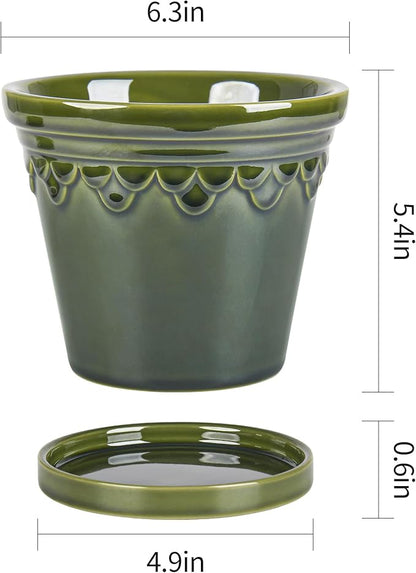 6.3 Inch Ceramic Planter, Plant Pot with Drainage Hole and Saucer, Decorative Glaze Flower Pot for Indoor Plants (Olive Green)