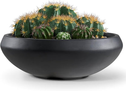 Large Bowl Planter, 23.3"Dia x 8"H Succulent Pot with Drain Hole, 21"Opening Flowerpot for Herbs, Bonsai, and Shallow-root Plants, Concrete Planters for Indoor Outdoor Garden, Patio Decor, Large-Black