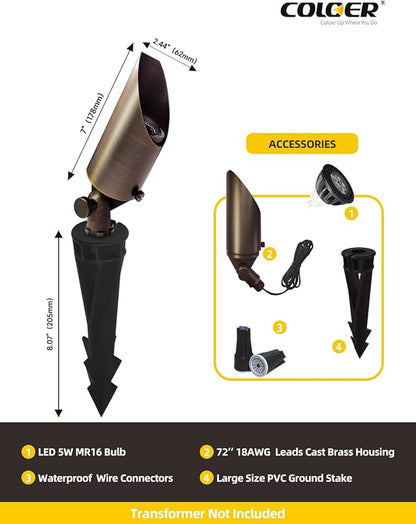 COLOER Brass Landscape Spotlights,12 Pack Spotlight Fixture Outdoor with 5W Aluminum Housing MR16 LED Bulb 2700K 450LM,12V AC/DC Low Voltage Landscape Lighting, Uplight for Garden and Patio(103B)