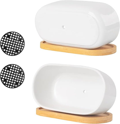 White Ceramic Succulent Plant Pots, Indoor and Outdoor Succulent Planters, Set of 2 Small Cactus Containers, Bonsai Pots, Flower Pots with Drainage Hole and Bamboo Bowl (No Plant)