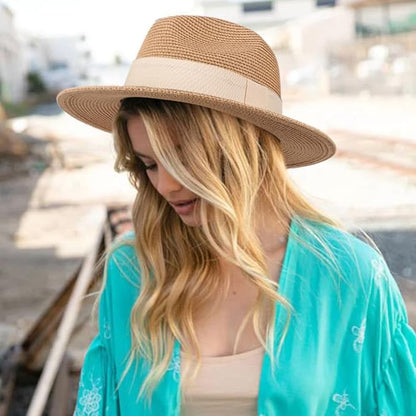 DRESHOW Women Straw Panama Hat Travel Fedora Beach Sun Hat Summer Wide Brim Straw Roll up Hat UPF 50+
