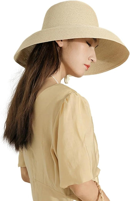Wide-Brim Classic Elegant Style Foldable Straw Hat Women's Retro UV Resistant Sun Hats for Outdoor, Beach and Travel