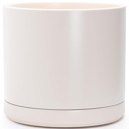 D'vine Dev 16 Inch Ceramic Planter Pot with Drainage Hole and Saucer, Indoor Cylinder Round Planter Pot, Oatmeal, 94-O-H-8