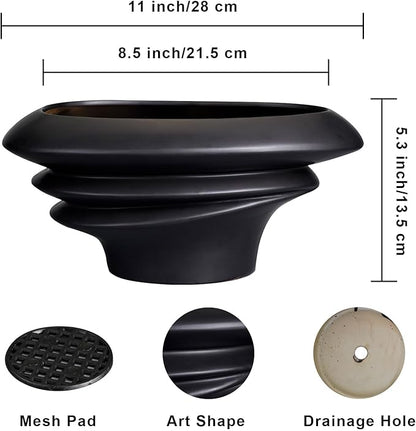 SQOWL Bonsai Pot 10 Inch - Ceramic Succulent Planter with Drainage Hole Large Plant Pot for Indoor Plants Outdoor Modern Home Decor Black