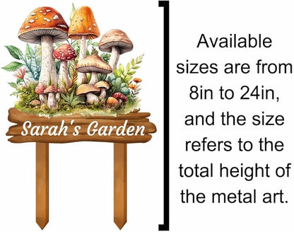 Custom Mushroom Garden Sign with Stakes, Personalized Metal Mushroom Garden Stake Sign, Colorful Mushroom Vintage Art Garden Name Sign Outdoor Yard Art Address Sign Garden Decor for Outside