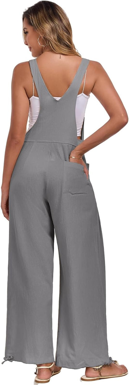ALSOGO Womens Wide Leg Overalls Loose Beach Vacation Outfits Jumpsuits 2025 Causal Sleeveless Rompers with Pockets