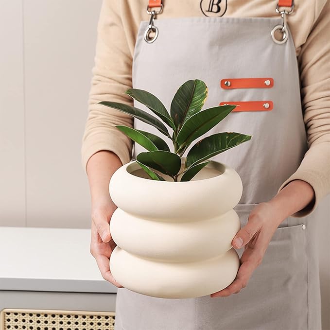 Ceramic Plant Pot Indoor, 6.5 Inch Beige Unglazed Flower Pot with Drainage Hole, Bubble Design Ceramic Planter for Home & Office Decor