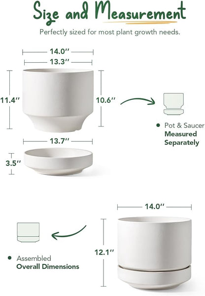 LE TAUCI 12 Inch Pots for Plants with Saucer | Ceramic Outdoor & Indoor Planter Pot for Plants | Drainage Hole, Mesh Pad & Plug | Unglazed Porous | Modern for Home, Office and Patio – Chalk White