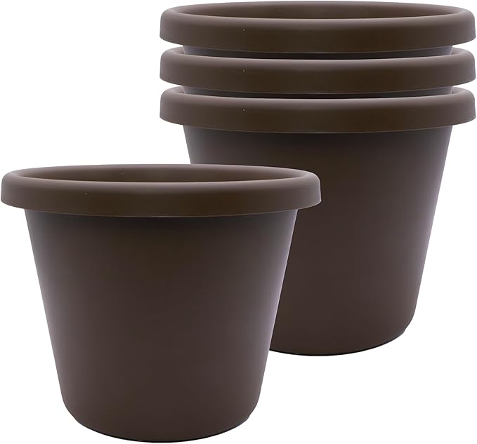 The HC Companies 7 Inch Classic Round Planter Pots with Drainage, Rolled Rim Plastic Planters for Indoor & Outdoor Plants, 4-Pack Decorative Flower Pots for Garden, Office & Home Decor, Chocolate