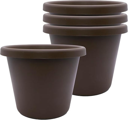 The HC Companies 7 Inch Classic Round Planter Pots with Drainage, Rolled Rim Plastic Planters for Indoor & Outdoor Plants, 4-Pack Decorative Flower Pots for Garden, Office & Home Decor, Chocolate
