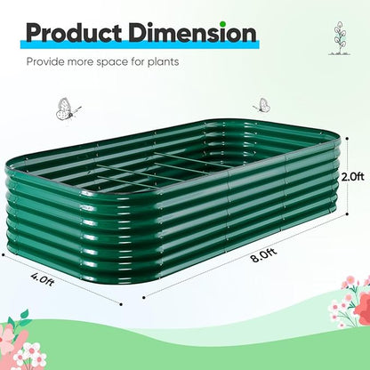 Quictent Galvanized Raised Garden Bed Kit, 8x4x2 ft Oval Metal Planter Box Tall for Vegetables Outdoor Backyard, Strengthened by Crossbar, Dark Green