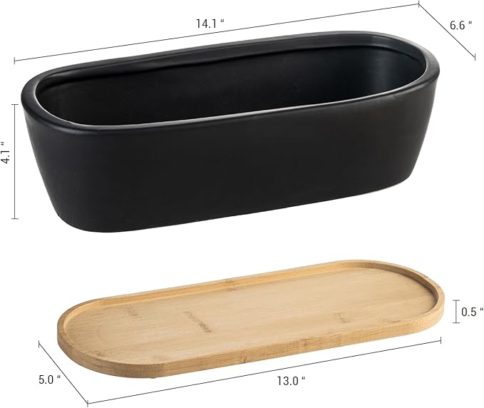 MyGift 14 Inch Oval Modern Matte Black Ceramic Succulent Planter Pot with Drainage Hole and Removable Bamboo Saucer, Decorative Indoor House Plant Container for Flowers, Cactus, Herbs