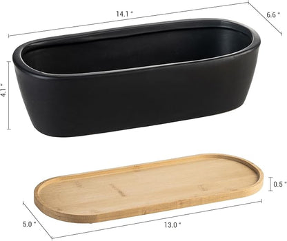 MyGift 14 Inch Oval Modern Matte Black Ceramic Succulent Planter Pot with Drainage Hole and Removable Bamboo Saucer, Decorative Indoor House Plant Container for Flowers, Cactus, Herbs