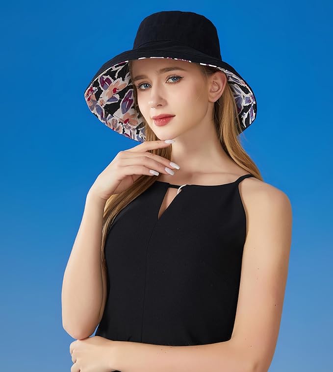 Wide Brim Women Sun Hat Summer Beach Bucket Fishing Hats Metal Wired Edge Packable UV Protection for Hiking Garden Travel