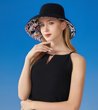 Wide Brim Women Sun Hat Summer Beach Bucket Fishing Hats Metal Wired Edge Packable UV Protection for Hiking Garden Travel