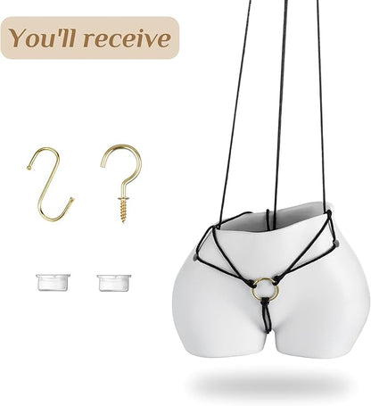 Funny Planter Gift for Plant Lovers: Cute Hanging Plant Pot for Outdoor Indoor Plants - Resin White Vase Succulents Pots with Rope