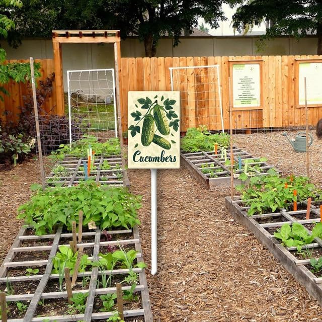 Uptell Vintage Vegetable Signs for Garden with Stake Cucumber Yard Sign Vegetable Garden Label Stakes Plant Markers for Outdoor Plants Waterproof 8.8x7inch