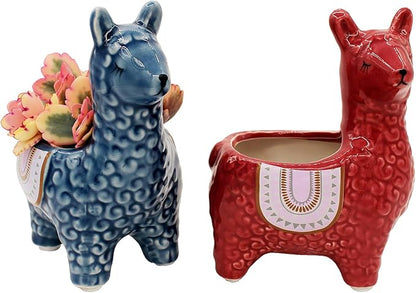 Alpaca Succulent Pots, 2 Pc. Set Animal Planter, Decorative Ceramic Planters for Indoor Home Decor Living Room Kitchen or Outdoor Garden Red and Blue