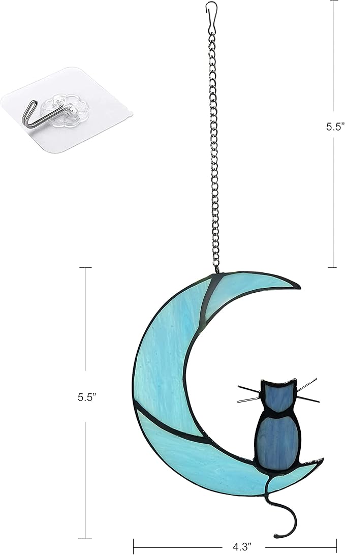 ZUAJITER Black Cat On Blue Moon Stained Glass Cat Hanging Ornament